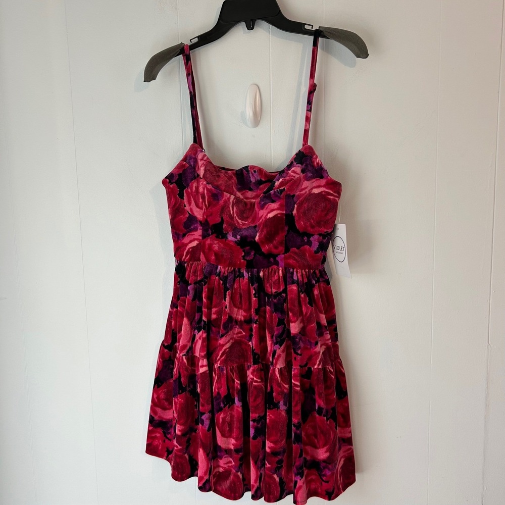 Violet‎ Weekend Pink Purple Rose Floral Velvet Mini Dress Sweetheart 3/4 65862JK